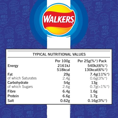 Walkers Less Salt Mild Cheese & Onion Crisps Multipack 6 x 25g 10