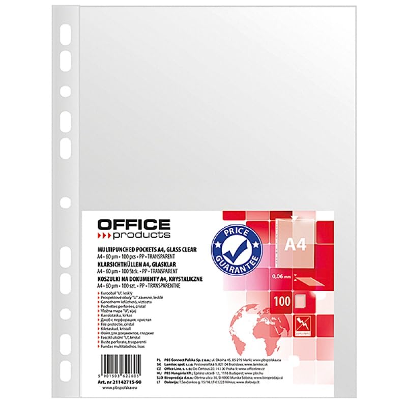 OFFICER PRODUCTS Document Wallets - A4 Size, Pack of 100, Transparent, 11-Hole Punched