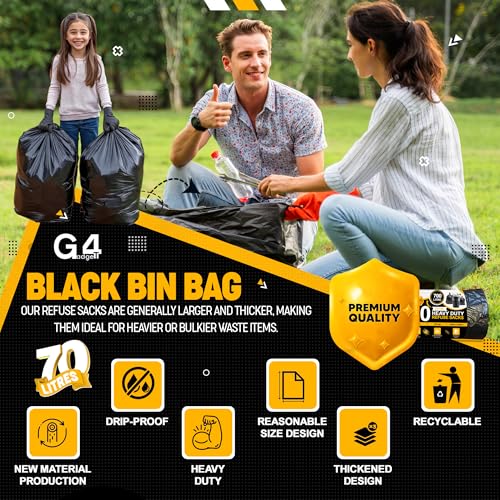 G4GADGET 70L Bin Bags (10 Pack) - Heavy Duty Black Refuse Sacks, Tear & Leak-Resistant Waste Bags 4