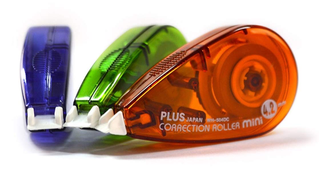 PLUS Correction Tape Roller Mini - 4.2mm Width, 6m Length | 3-Pack (Blue, Orange, Green)