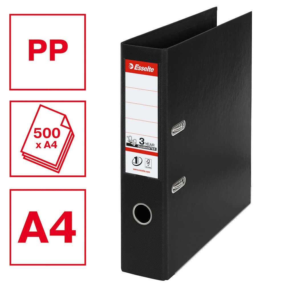 Esselte A4 Lever Arch File, Black, 72 mm Spine, Plastic, Vivida Range, 811370, 500 Sheets Capacity