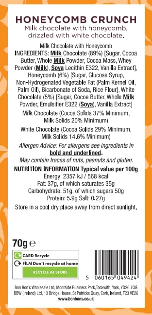Bon Bons Milk Chocolate Honeycomb Crunch Bar - 70g | Handcrafted by Chocolatiers