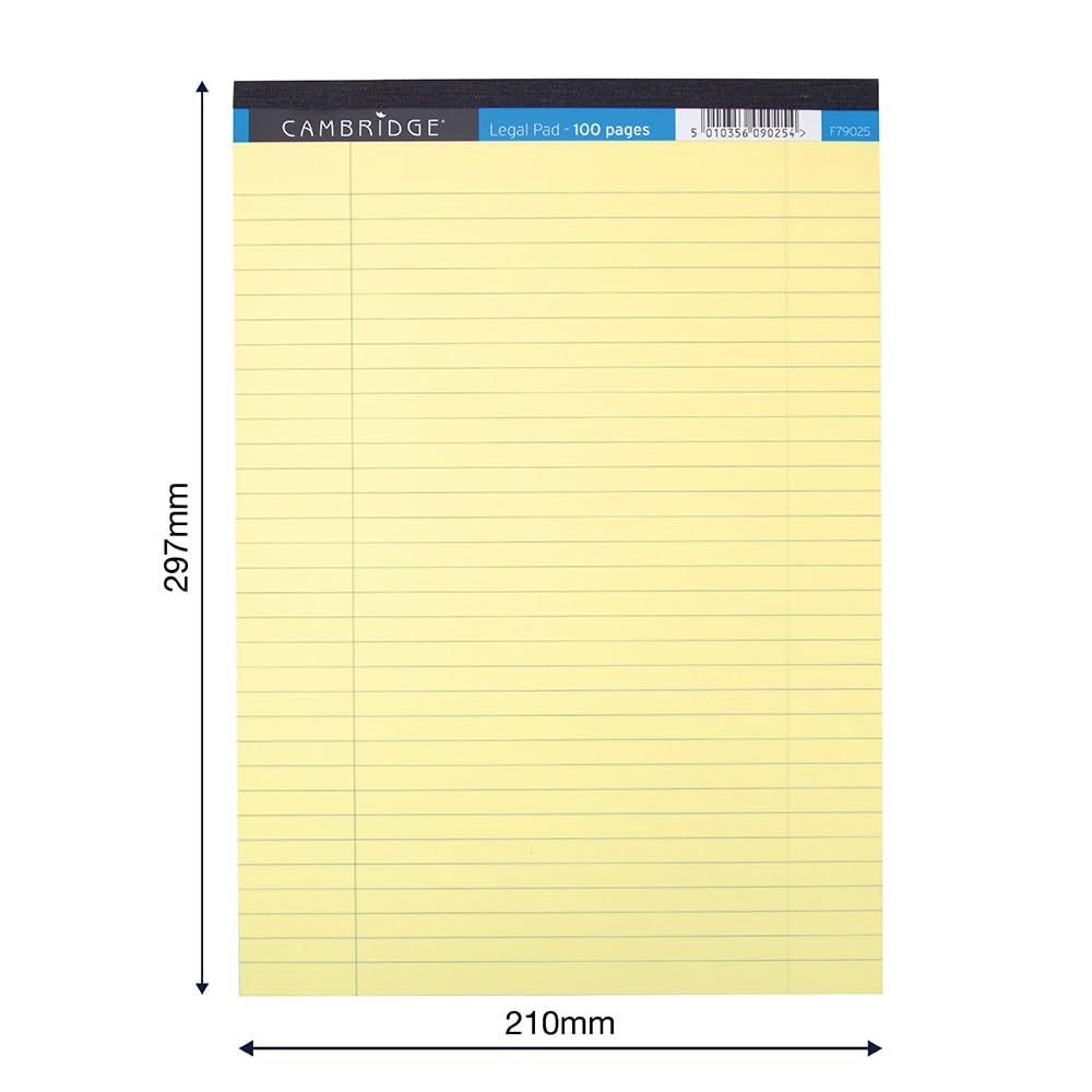Cambridge A4 Legal Refill Pad - Yellow, 70gsm Lined with Margin | 100 Pages per Pad | Pack of 5 2