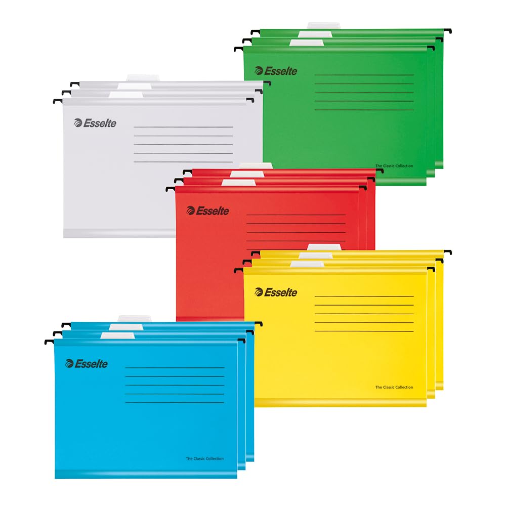 Esselte A4 Reinforced Hanging Suspension Files - Pack of 15 | Holds 150 Sheets | Assorted Colors