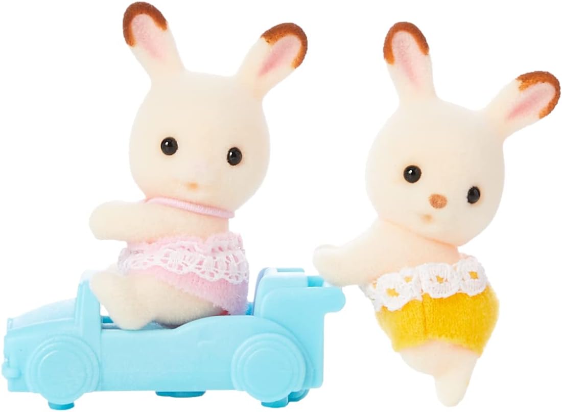 Sylvanian Families Chocolate Rabbit Twins Set - 3-Piece Playset with Posable Figures & Ride-On Toy