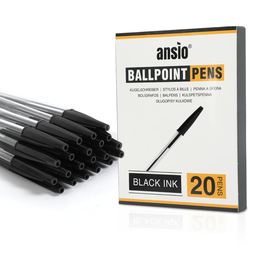 ANSIO Black Ballpoint Pens - Medium 1.0mm Tip, Smooth Writing, Pack of 20