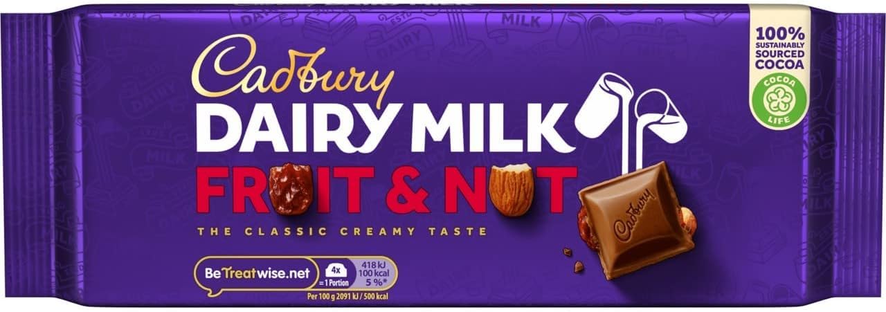 Cadbury - Dairy Milk Fruit & Nut Chocolate Bar with Almonds and Raisins, 120g