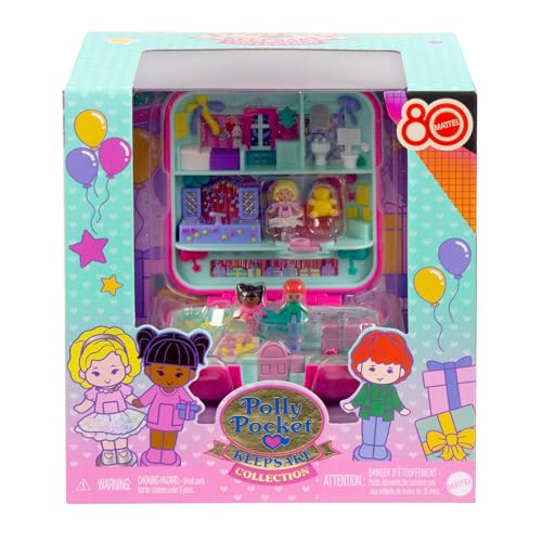 Polly Pocket Mattel 80th Anniversary Heritage Compact Playset - House Party with 3 Micro Dolls & Pet, Ages 4+ 8