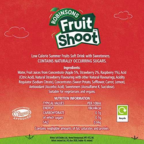 Robinsons Fruit Shoot Summer Fruits Kids Juice Drink 4 x 200ml - No Added Sugar, Vitamins, Spill-Proof Cap 4
