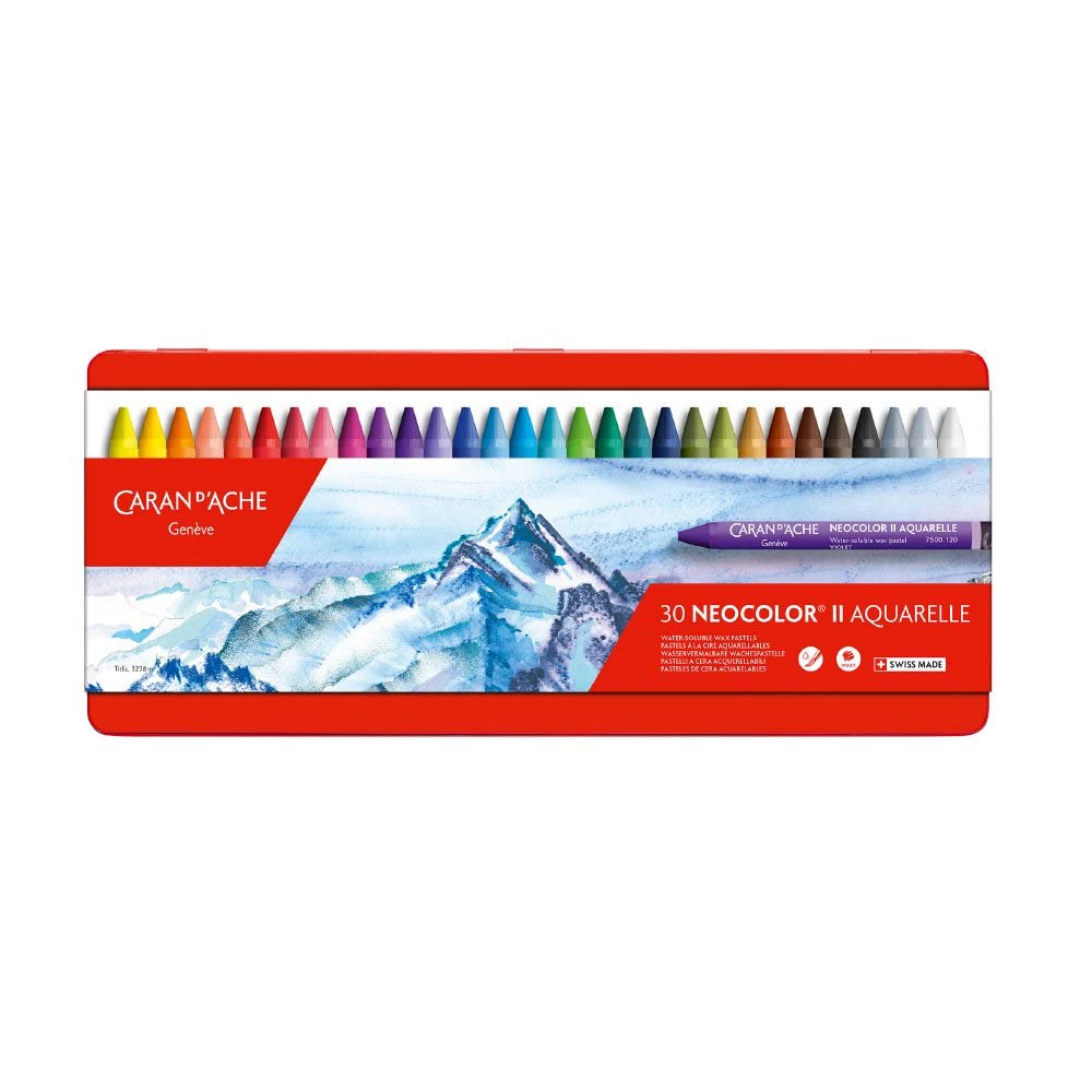 Caran d'Ache NeoColor II Water Soluble Wax Pastel Set - 30 Multi-Colour Sticks | Dry or Wet Use