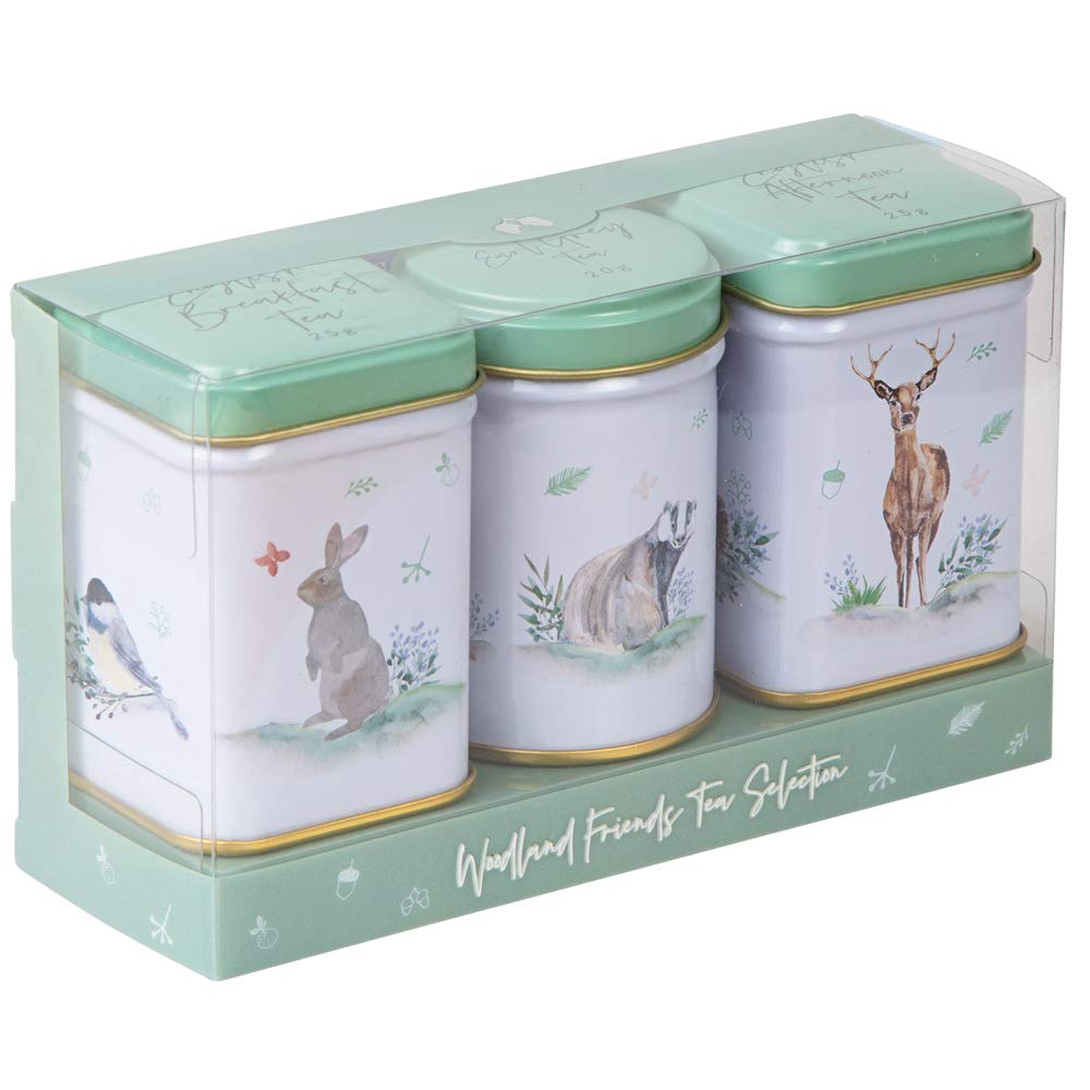 New English Teas Woodland Animals 3x Mini Tea Tin Gift Pack - Loose Leaf English Breakfast, Afternoon & Earl Grey