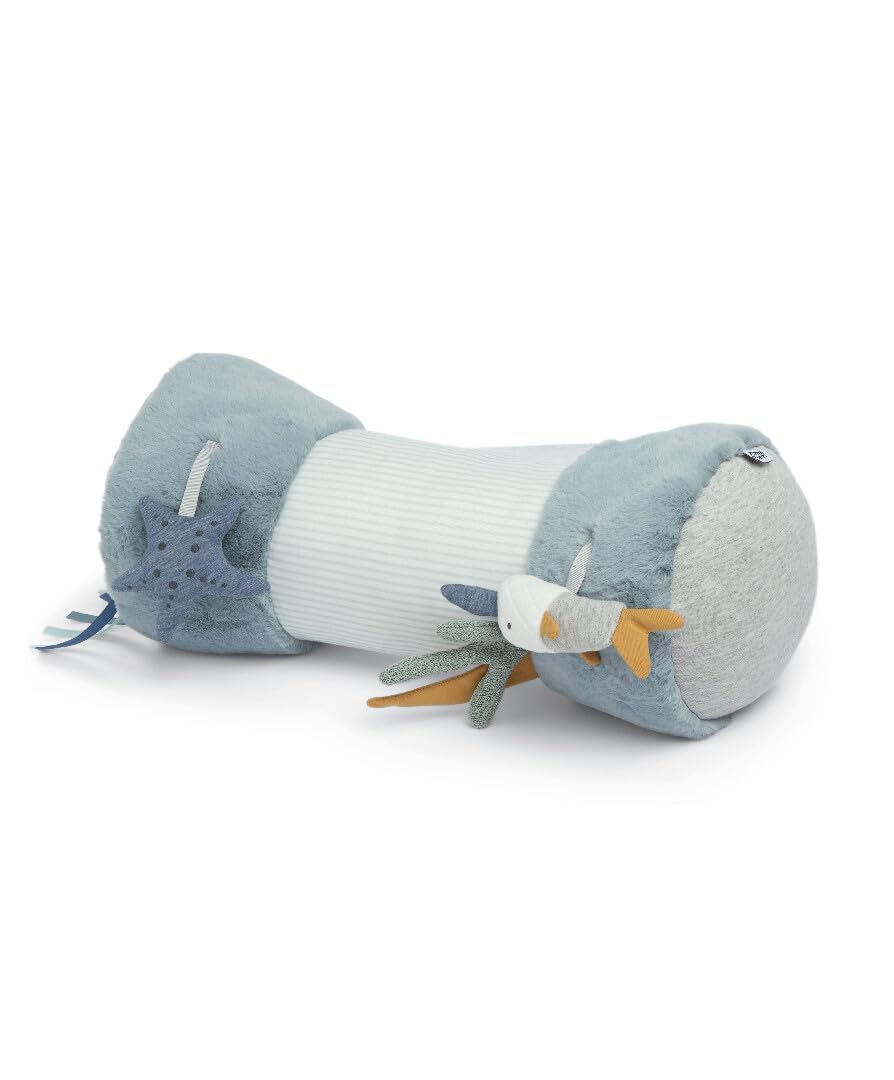 Mamas & Papas - Tummy Time Roll Interactive Soft Baby Pillow with Rattle, Welcome to The World, Blue