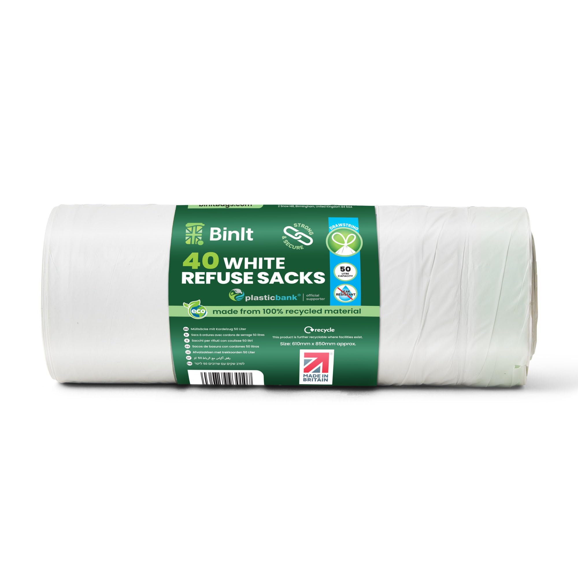 BIN IT 40 White Drawstring 50L Strong & Secure Refuse Sacks - Recycled LDPE Bin Bags