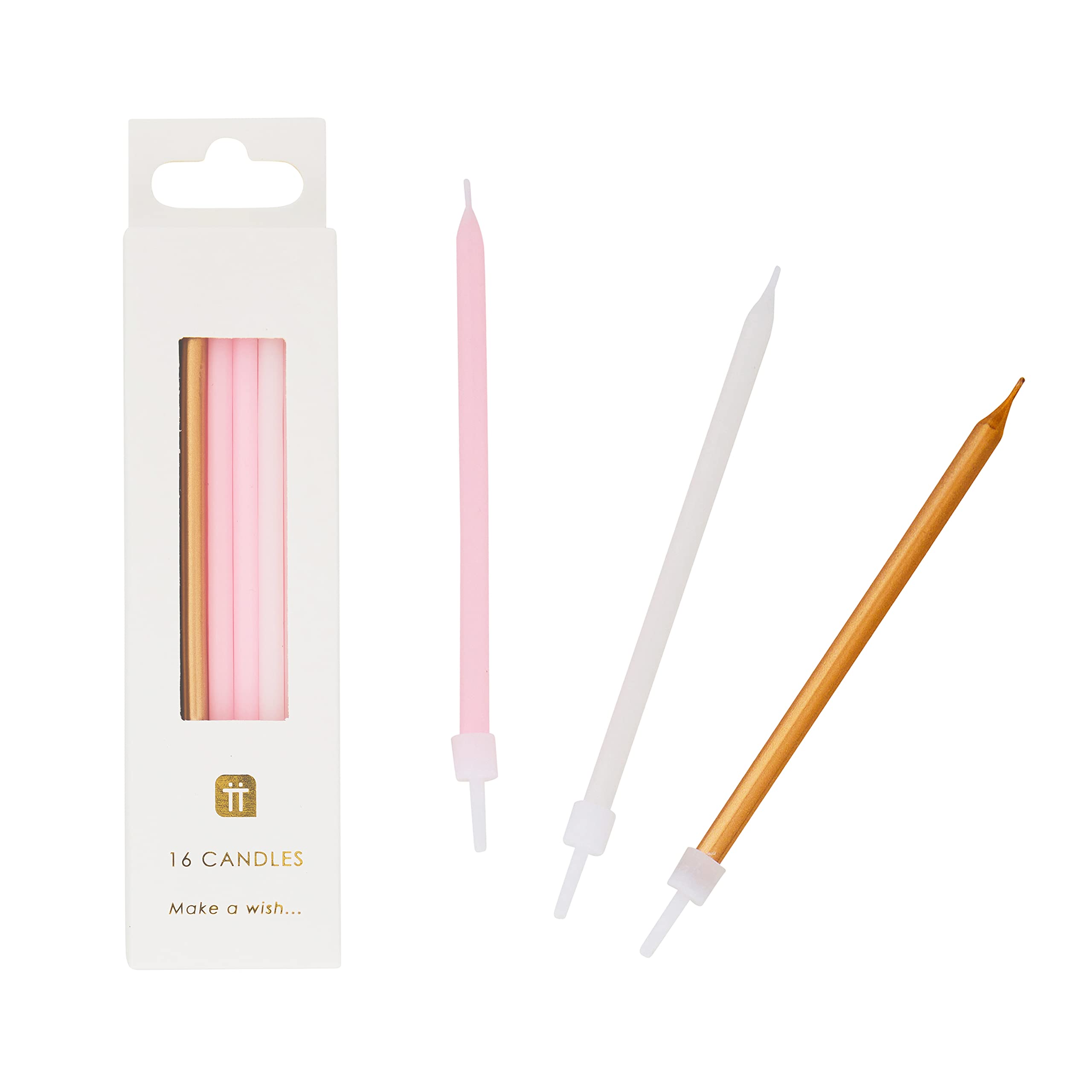 Talking Tables 16 x Tall Birthday Candles with Holders - Pink, Gold & White | 10cm