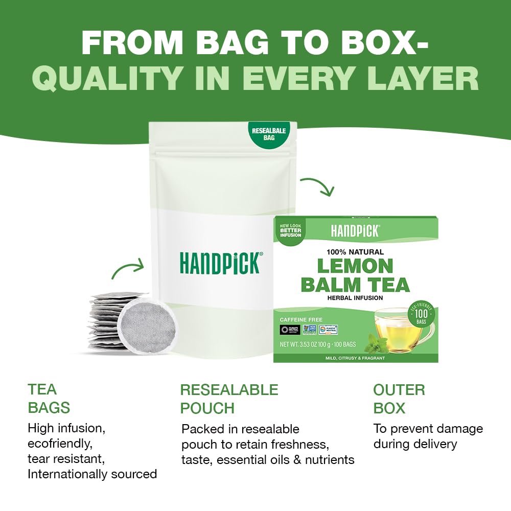 HANDPICK Lemon Balm Tea Bags – 100 Count | Caffeine-Free, Gluten-Free Herbal Tea from India