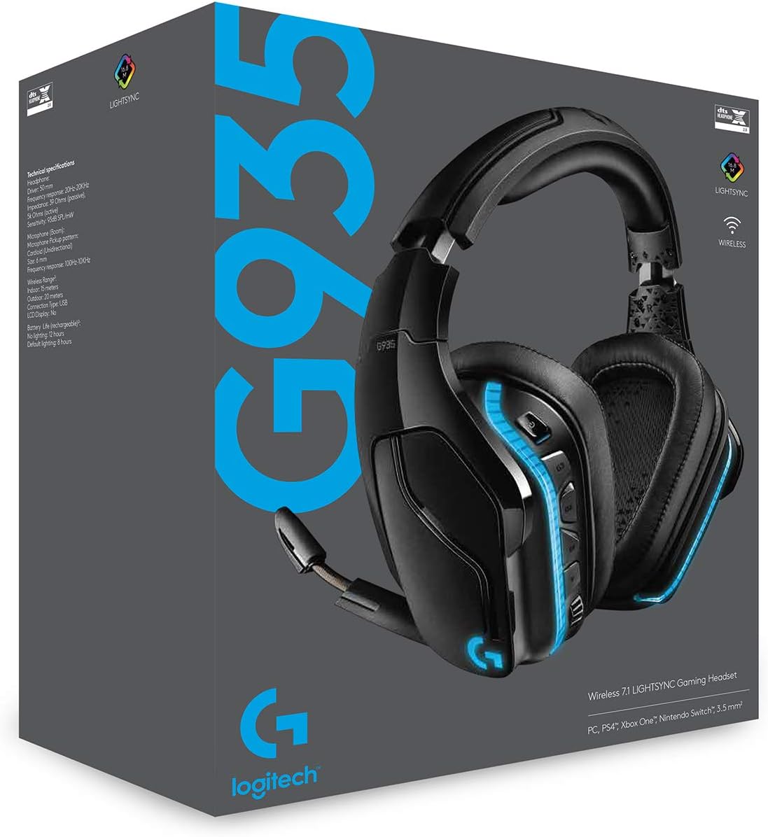 Logitech G935 Wireless Gaming Headset with 7.1 Surround Sound, DTS Headphone:X 2.0, LIGHTSYNC RGB, 50 mm Pro-G Drivers, 6 mm Mic