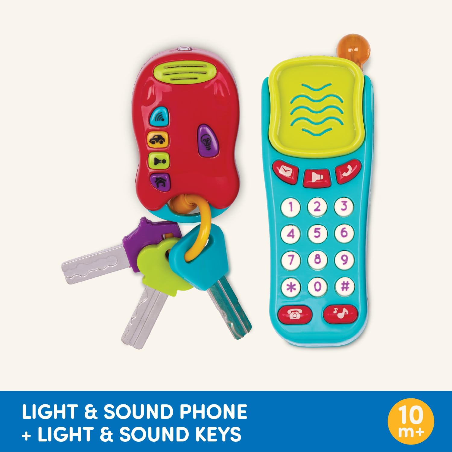 Battat Sensory Pretend Phone & Keychain Toy - Light-Up Electronic Playset for Toddlers 18 Months+