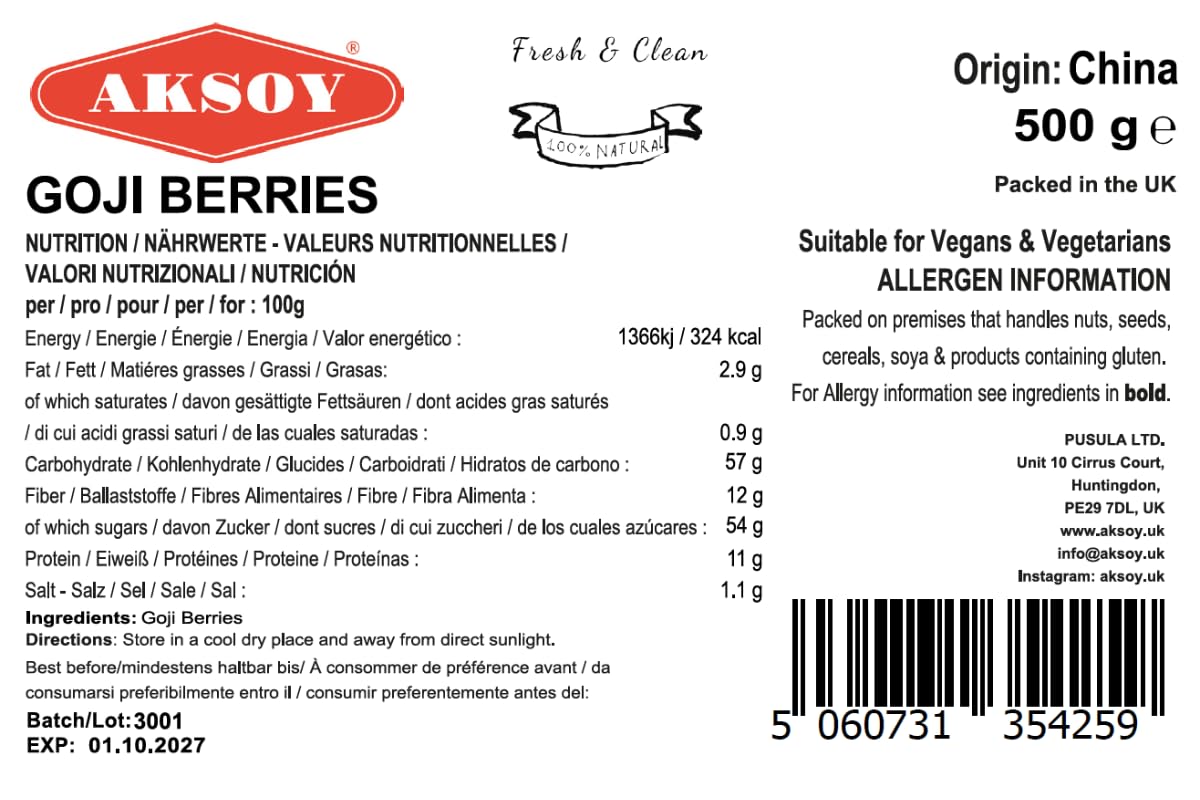 AKSOY Raw Sun-Dried Goji Berries - 500g Natural Wolfberries | Vegan Friendly