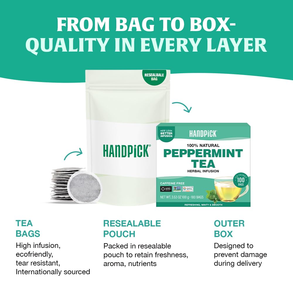 HANDPICK Peppermint Tea Bags (100 Count) Non-GMO, 100% Pure Herbal Tea - Minty & Refreshing