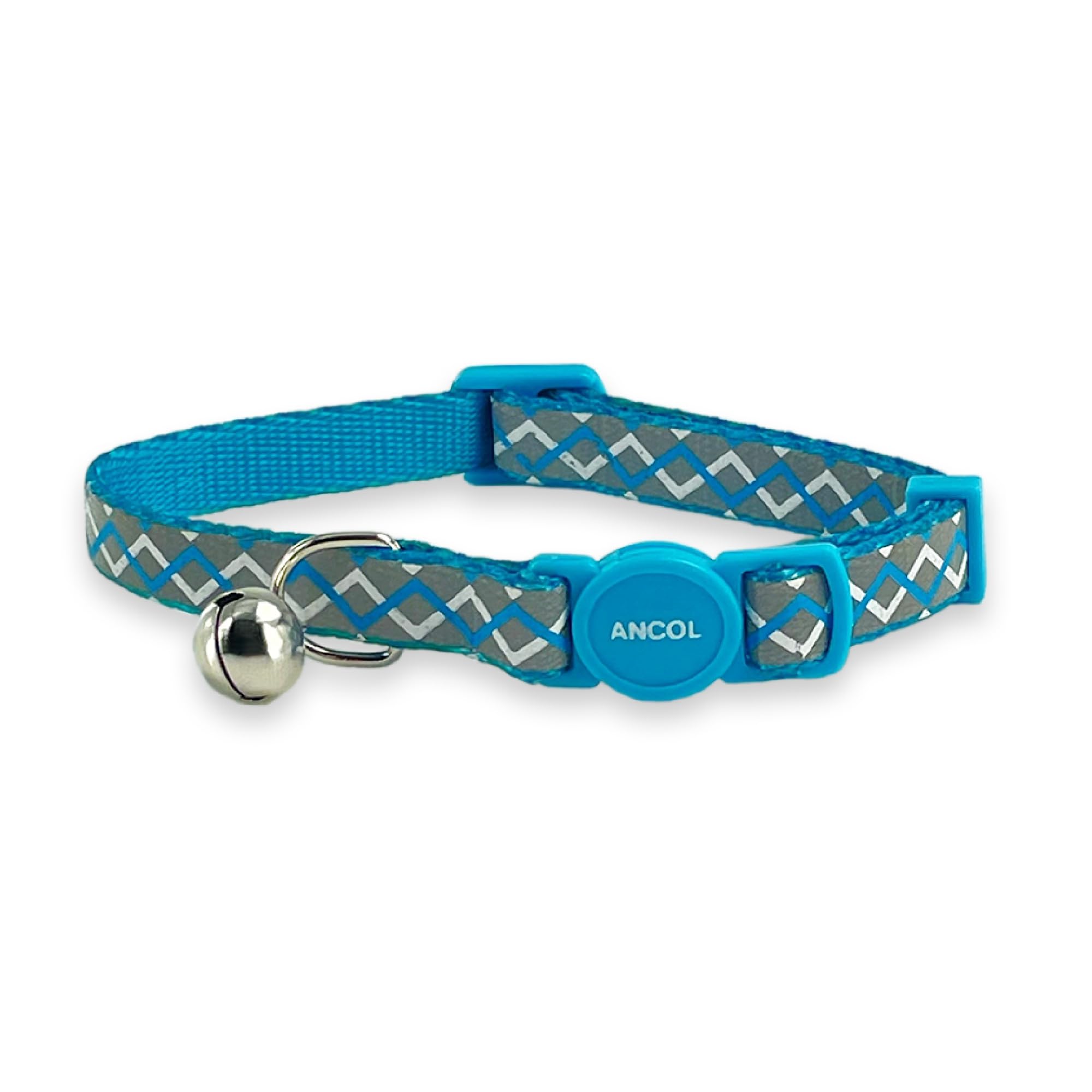 Ancol Reflective Adjustable Cat Collar with Safety Bell | 20-30cm | Blue/White Zig-Zag