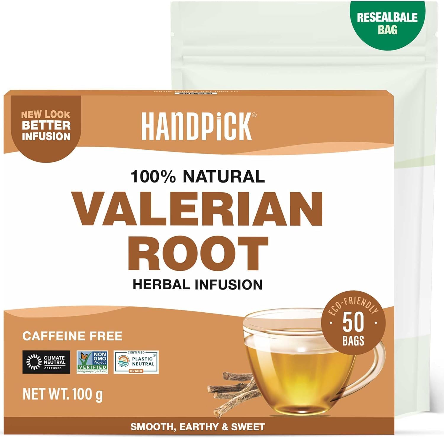 HANDPICK Valerian Root Tea Bags (Valeriana) 50 Count | Non-GMO, Caffeine-Free Herbal Tea