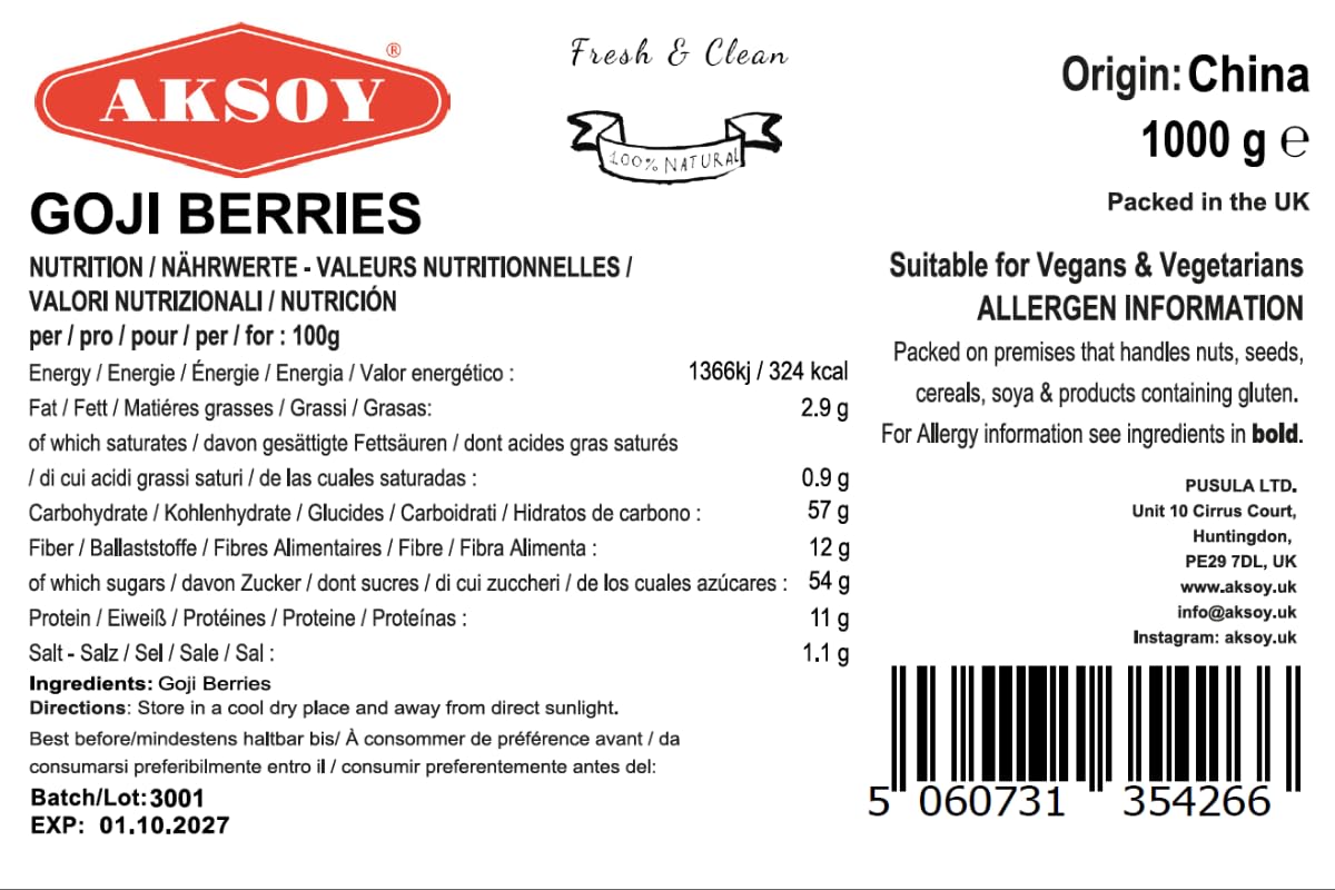 AKSOY Goji Berries - Raw Sun-Dried Wolfberries | 1000g | Natural & Vegan