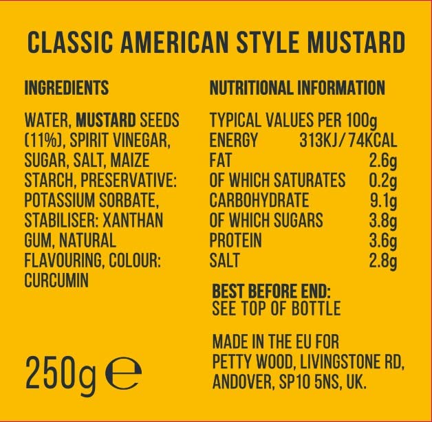 Dino's Famous - Classic American Mustard Smooth & Tangy Condiment for Hot Dogs, Burgers & Sandwiches 250g 6