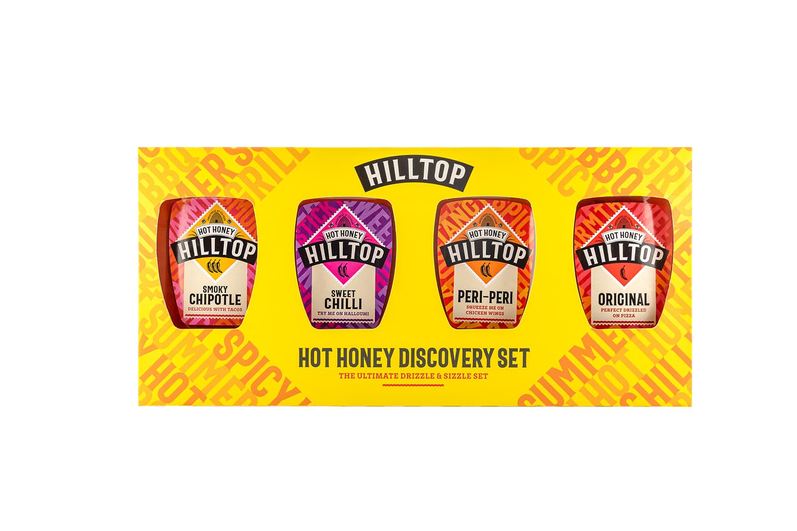Hilltop Honey Hot Honey Discovery Set - Original, Smoky Chipotle, Peri Peri, Sweet Chilli | 4 x 350g 1