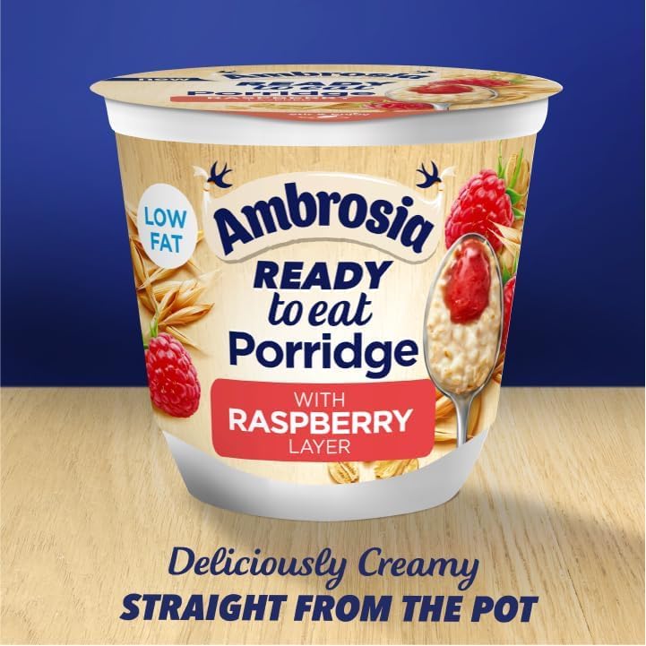 Ambrosia Raspberry Layered Porridge Pots with British Wholegrain Oats, Ready-to-Eat, 210g (Pack of 6)