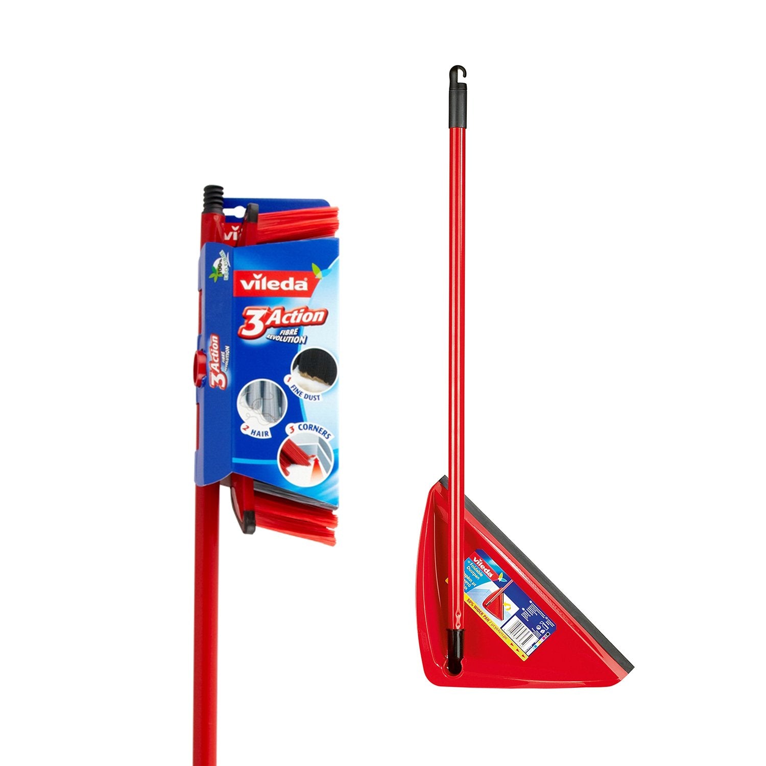 Vileda 3Action Broom Plus Long Handled Dustpan Set, Red