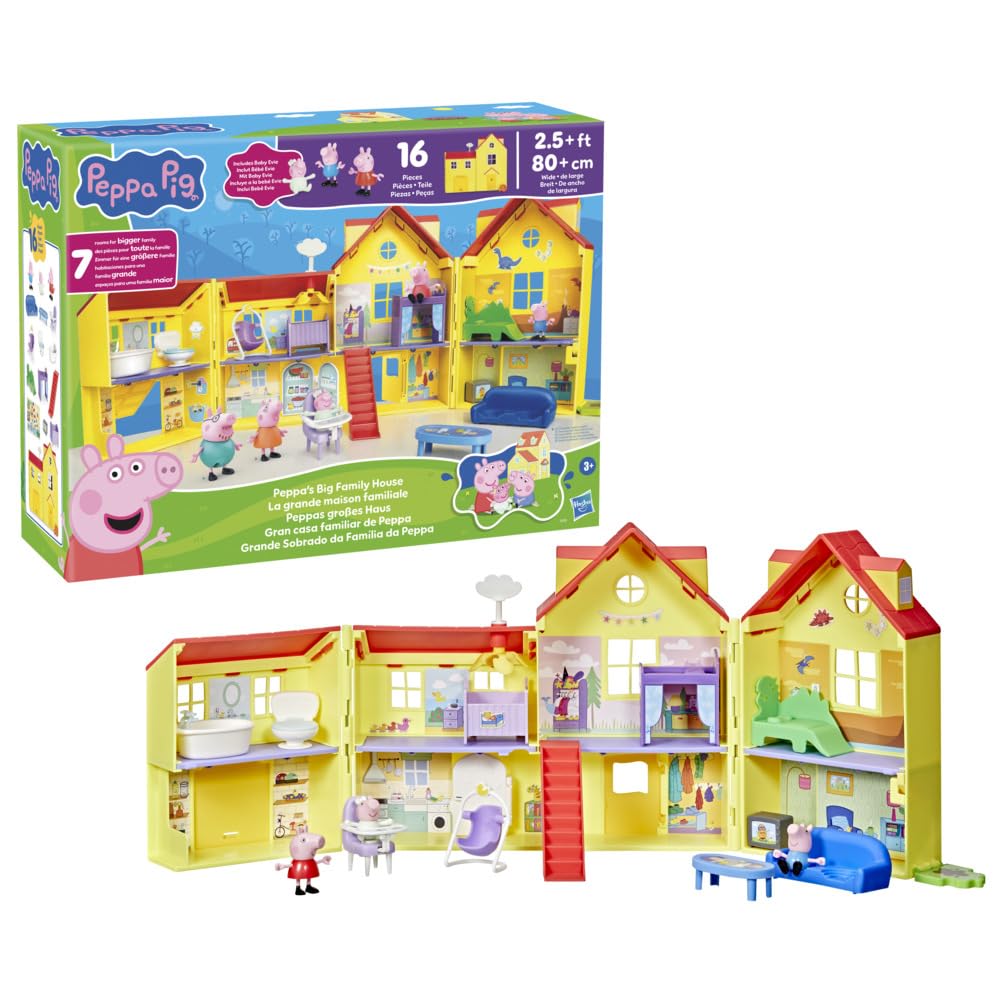 Peppa Pig Peppa's Big Family House Playset - 2-Floor 7-Room Doll House with 3 Figures & 16-Piece Set