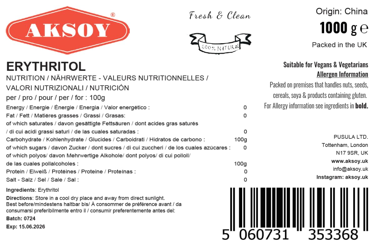 Aksoy Pure Erythritol 100% Natural 1kg (2.2 lb) Zero Calorie Sweetener 5