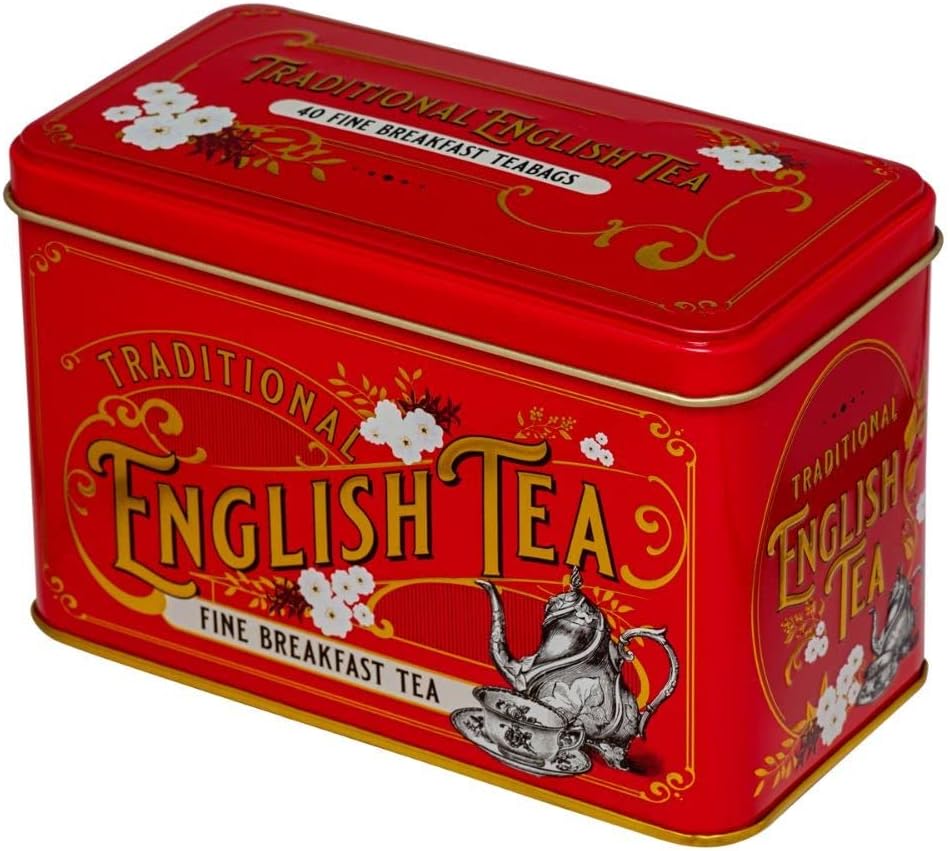 New English Teas Vintage Victorian Tea Tin in Berry-Red with 40 English Breakfast Teabags