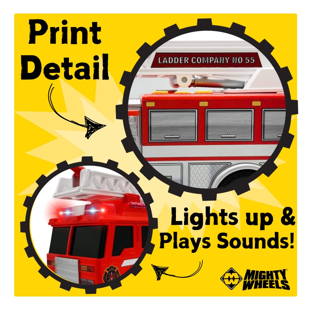 Mighty Wheels Steel Fire Truck Toy - 10" Free-Wheeling Fire Engine with Lights & Sounds
