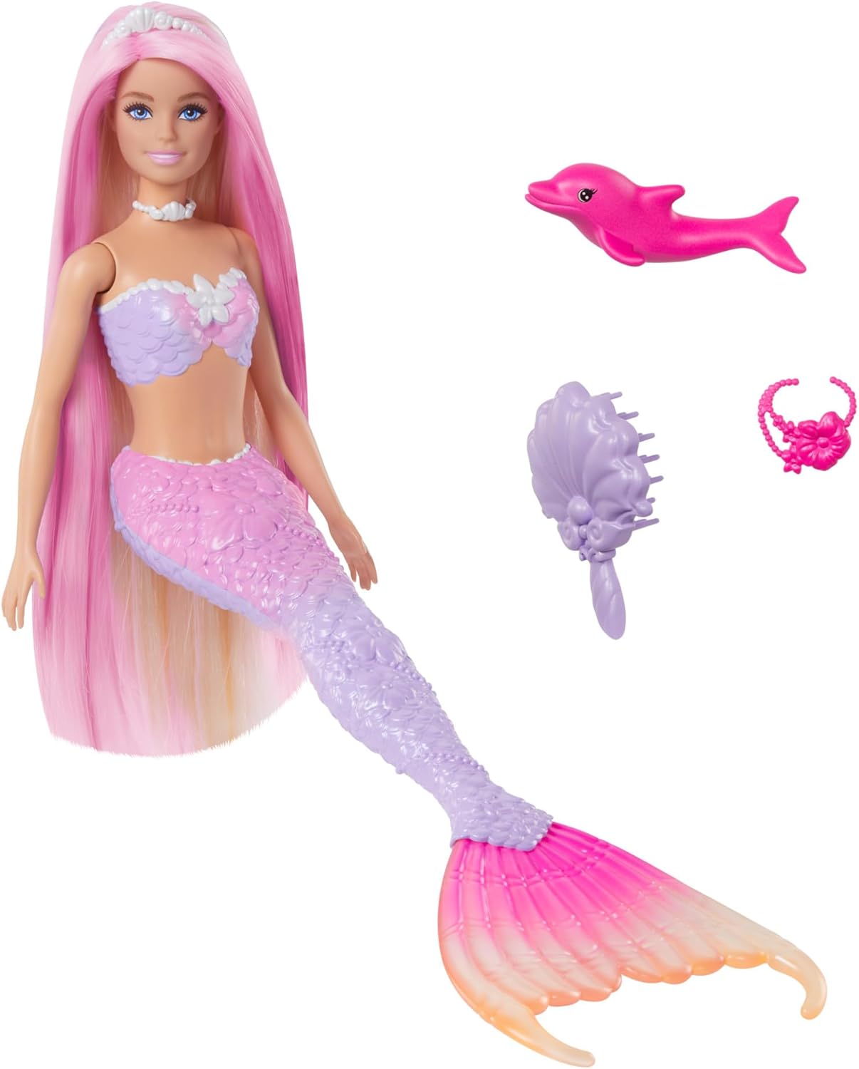 Barbie Mermaid Doll 'Malibu' with Color-Changing Hair & Dolphin - Ages 3+