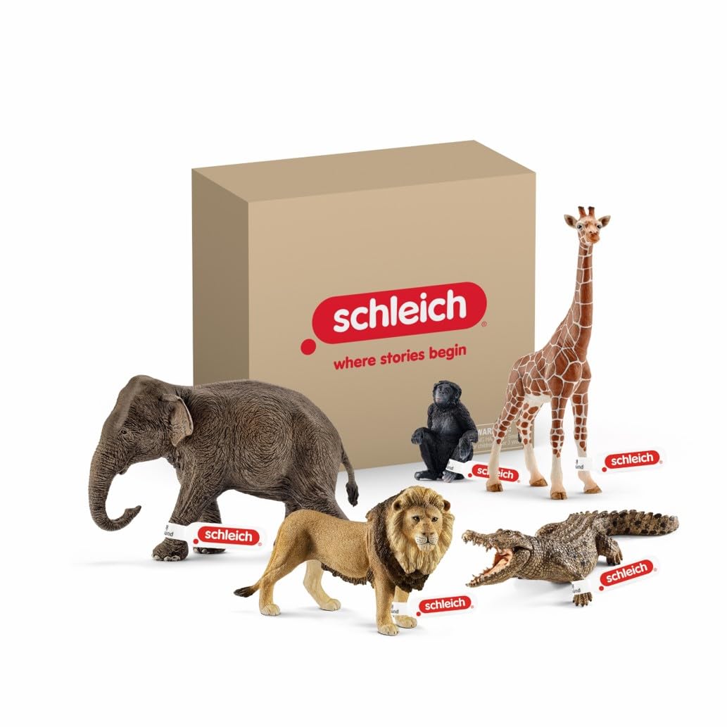 Schleich Wild Life - 5PC African Animal Toy Playset with Lion, Elephant, Monkey, Alligator & Giraffe