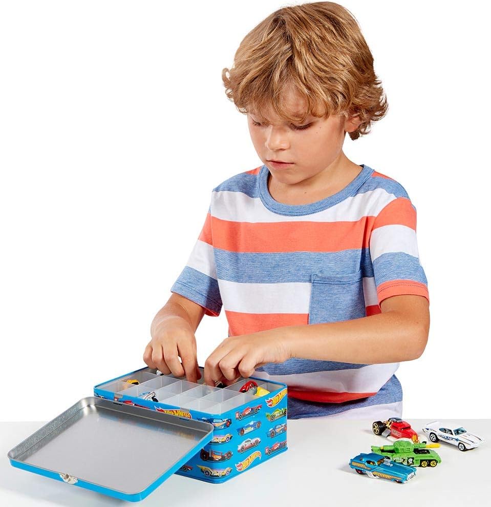 Theo Klein 2883 Hot Wheels Storage Case - Metal Tin with 18 Compartments for 1:64 Scale Cars - Ages 3+ 3