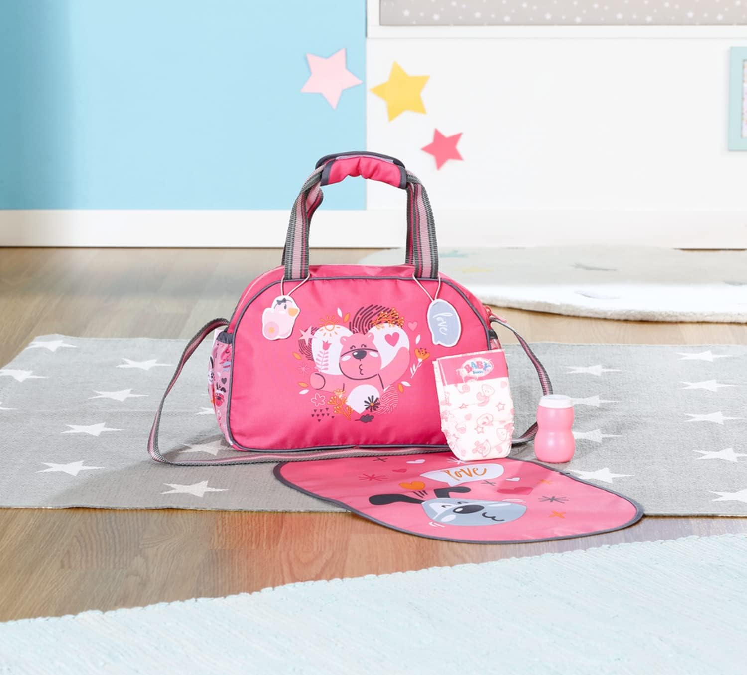 BABY born Doll Changing Bag - Pink Shoulder Bag with Changing Mat, Lotion Bottle & Nappy