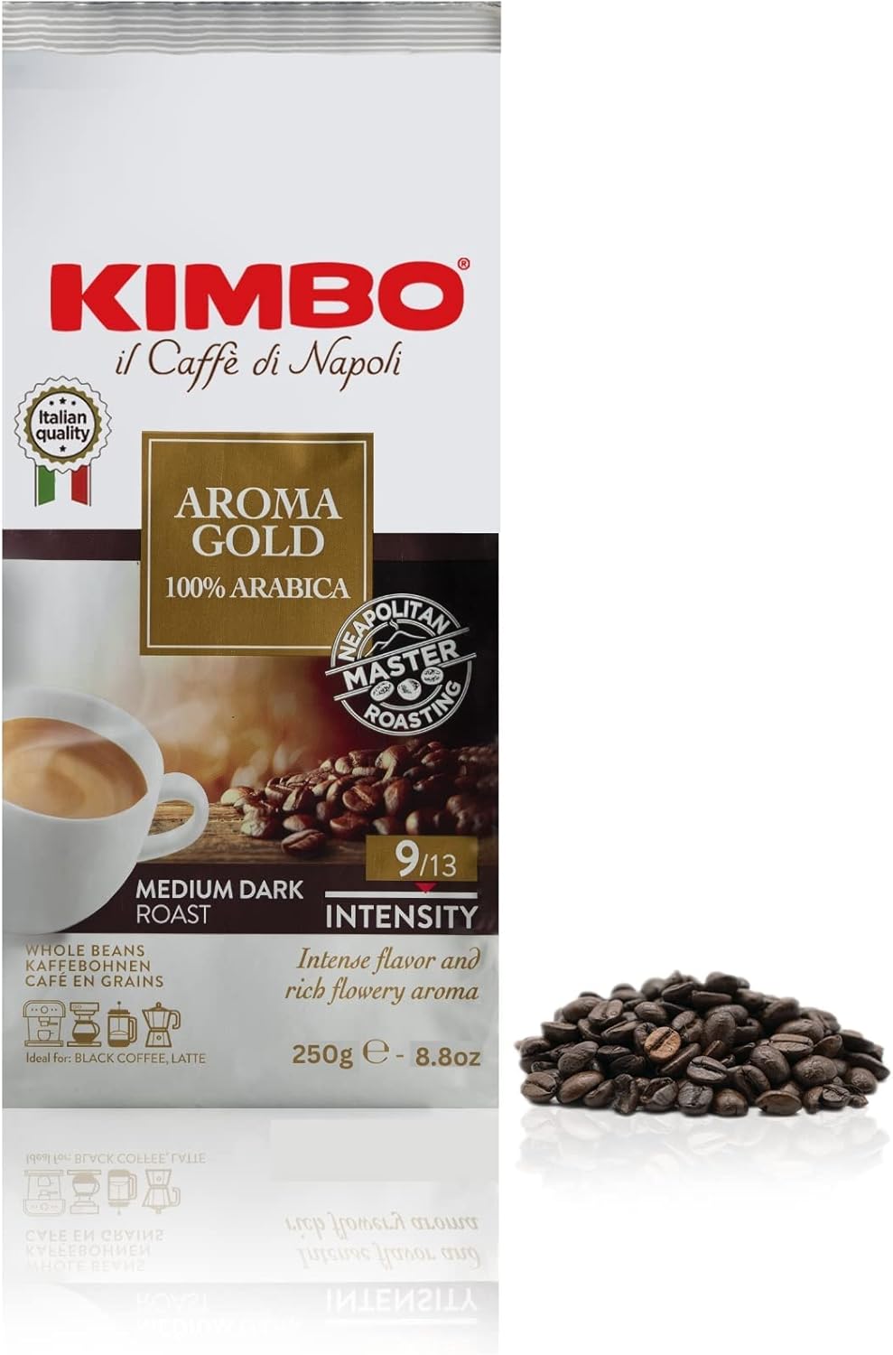 Kimbo Aroma Gold - 100% Arabica Whole Coffee Beans, Medium Dark Roast, 250g