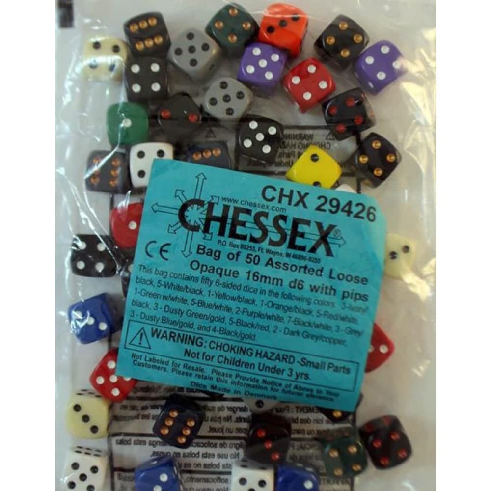 Chessex Opaque 16mm D6 Dice - Bag of 50 Assorted Colors
