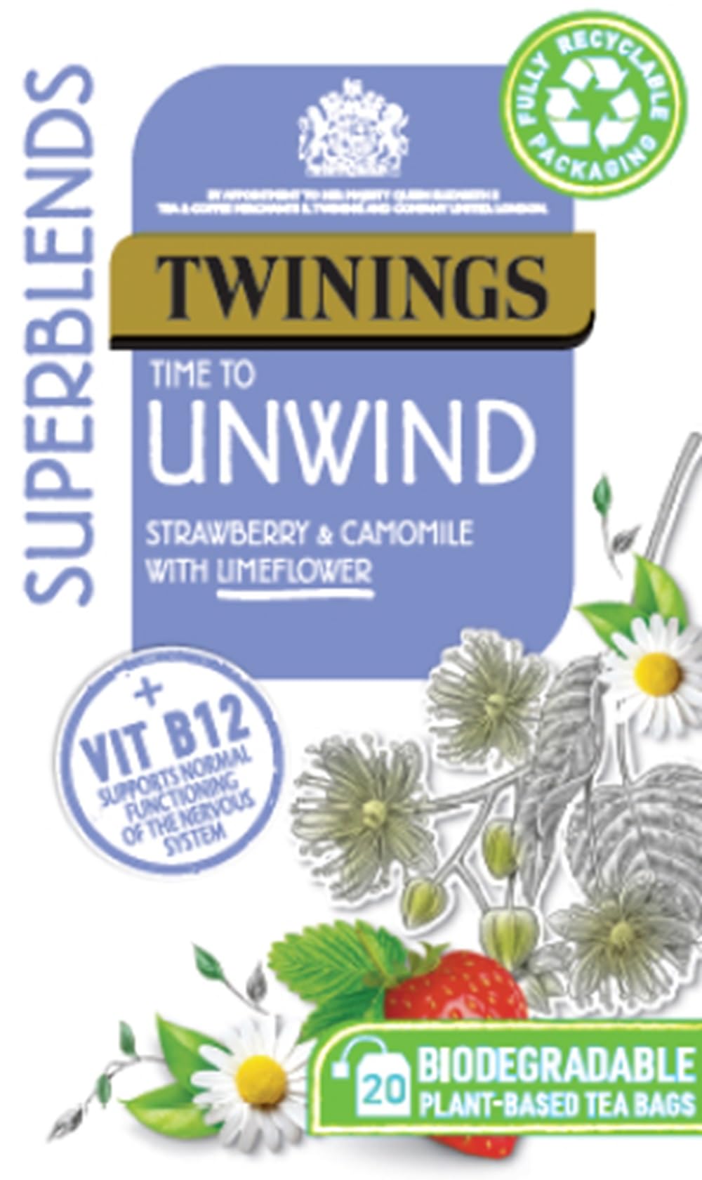 Twinings Superblends Unwind Tea - Strawberry Herbal Infusion with Camomile, Lemon Balm, Limeflower & Vitamin B12, 80 Biodegradable Tea Bags