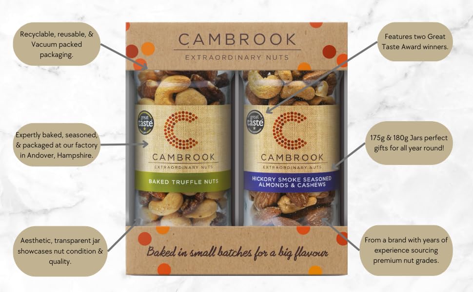 Cambrook - 2 Jar Gift Set with Hickory Smoke Seasoned Almonds & Cashews and Baked Truffle Nuts