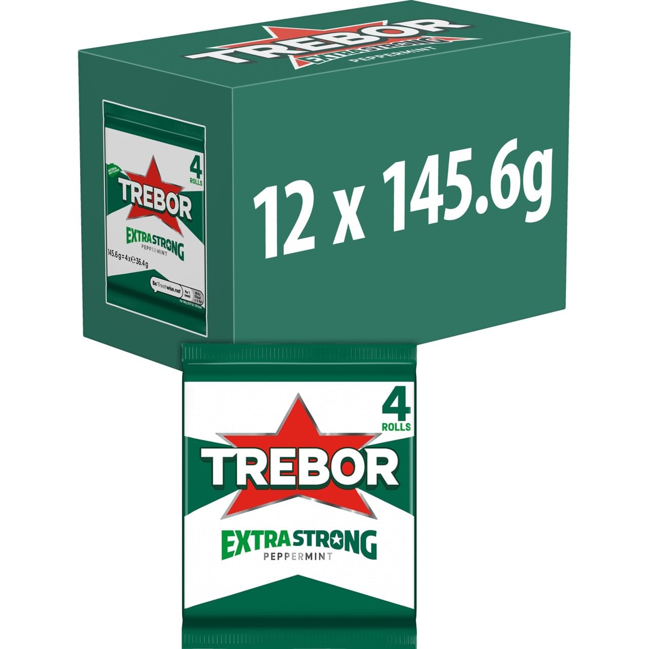 Trebor Extra Strong Peppermint Mint Sweets, 4 Pack Rolls, 146 g (Pack of 12)
