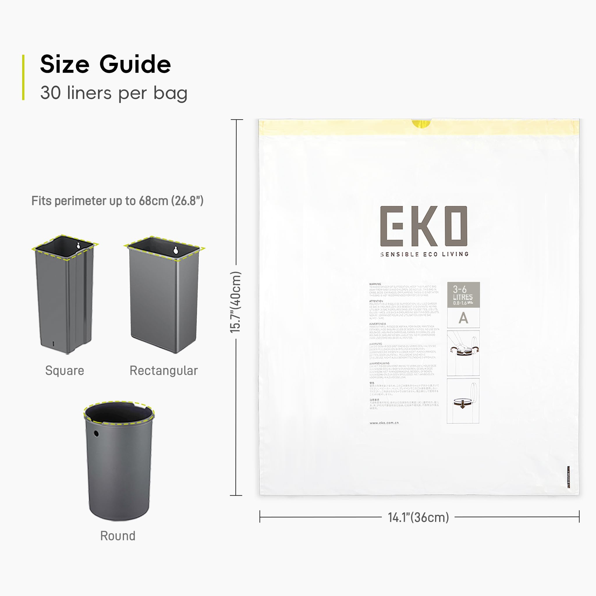 EKO Extra Strong Heavy Duty Drawstring Bin Liners 3-6L - 30 Bags, 36x40cm for Kitchen & Bathroom