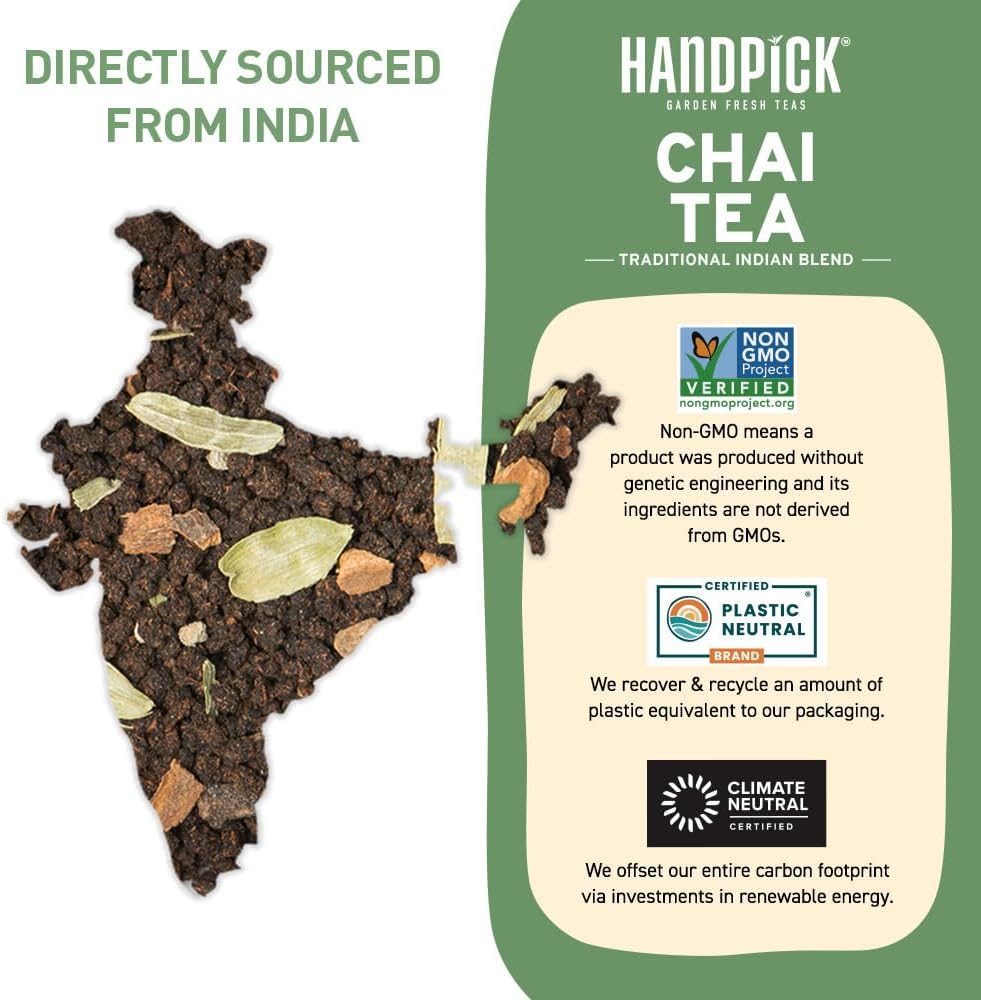 HANDPICK Masala Chai Tea Bags from India (100 Count) - Cinnamon, Black Pepper, Cloves & Cardamom - Eco-conscious Round Tea Bags