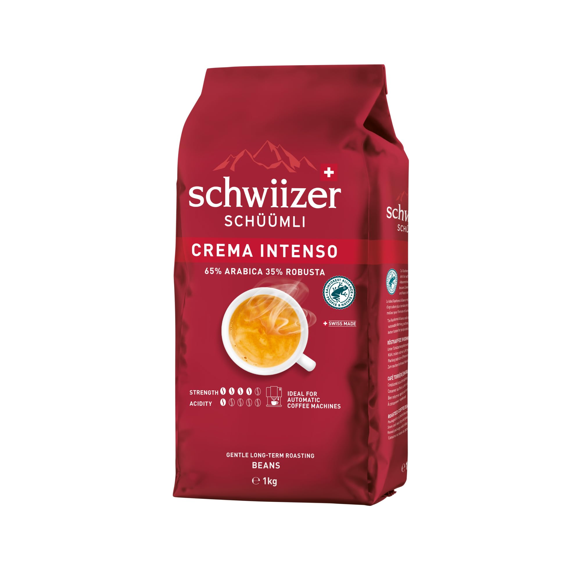 Schwiizer Schüümli Crema Intenso Whole Coffee Beans - Medium Roast, 65% Arabica, 35% Robusta, 1kg