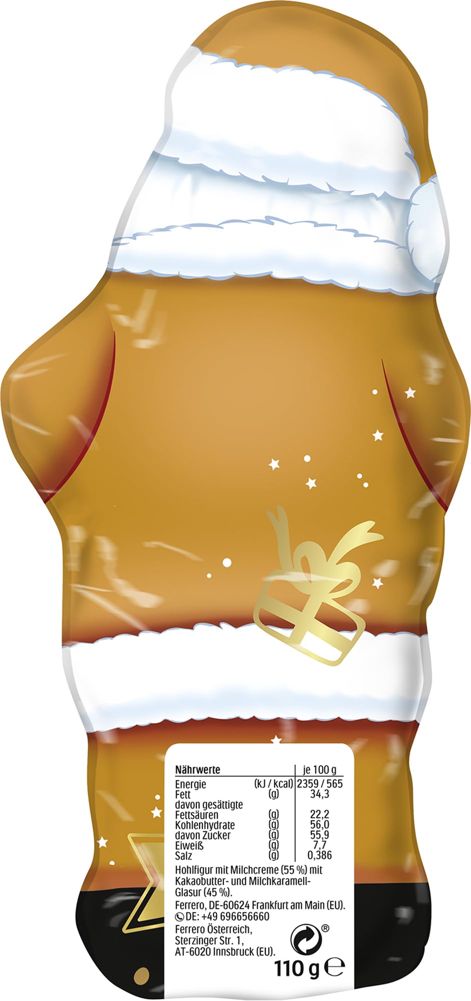 Kinder Caramel Santa Chocolate Gift Figure - 110g Festive Milk Chocolate with Milky Caramel Filling