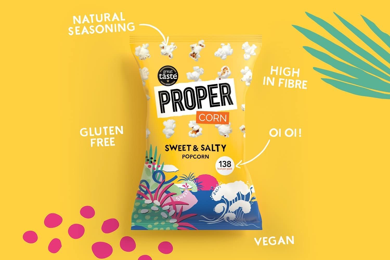 PROPERCORN Sweet & Salty Popcorn - Natural Sea Salt and Demerara Sugar Seasoned Snack, 32 x 14g Packs