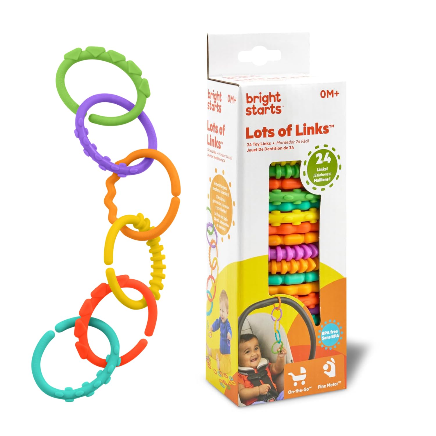 Bright Starts Lots of Links Rings Toys - 24 Pcs BPA-Free Plastic Links for Stroller or Carrier, Ages 0 Months+