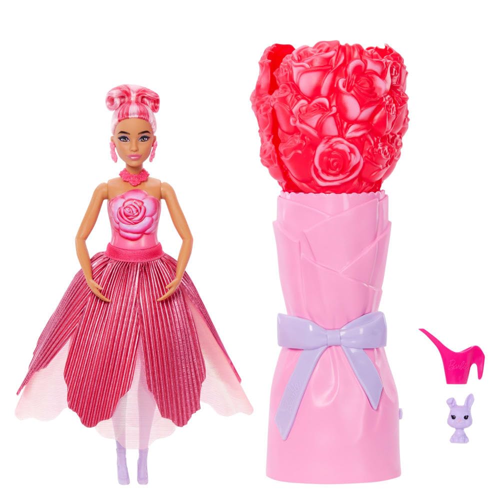 Barbie Petal Pop Scented Doll with Rose Dress & Accessories, Bouquet Reveal | Model JMF59